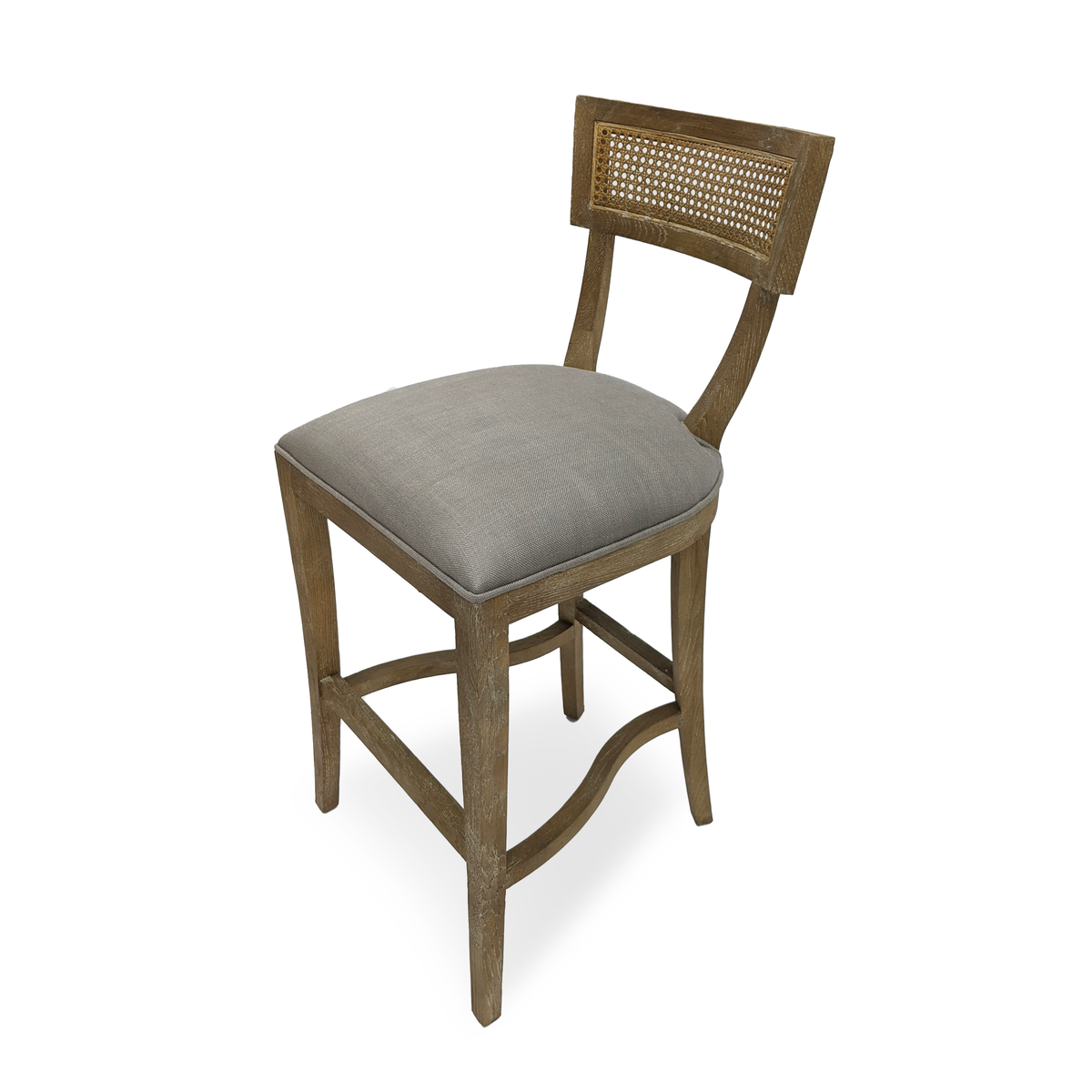 Carvell Cane Back Oak Bar Stool in Grey Linen, studio photo 1 of 3 on a white background