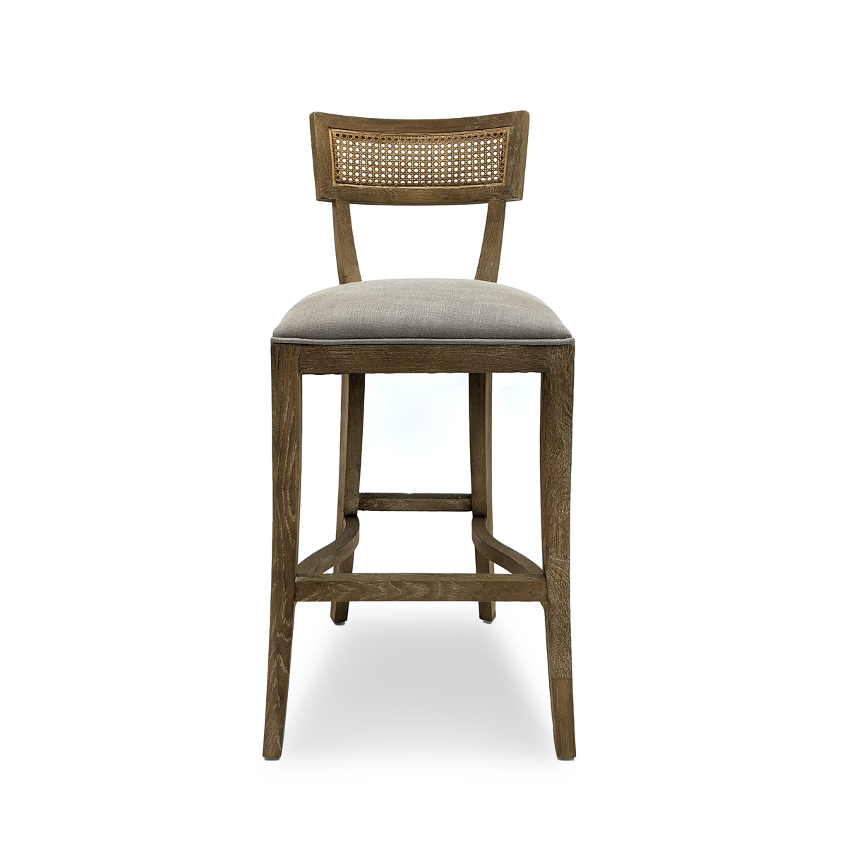 Carvell Cane Back Oak Bar Stool in Grey Linen, studio photo 2 of 3 on a white background