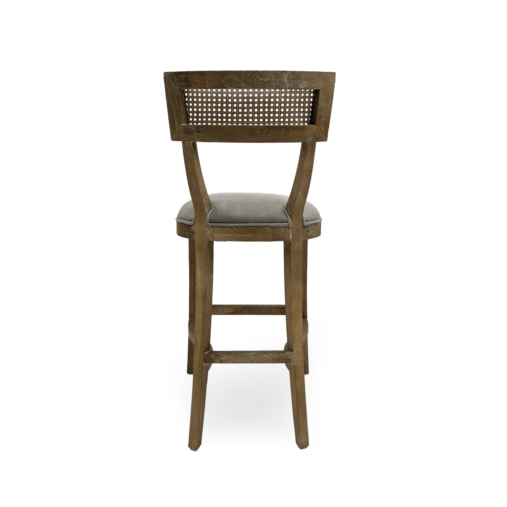 Carvell Cane Back Oak Bar Stool in Grey Linen, studio photo 3 of 3 on a white background
