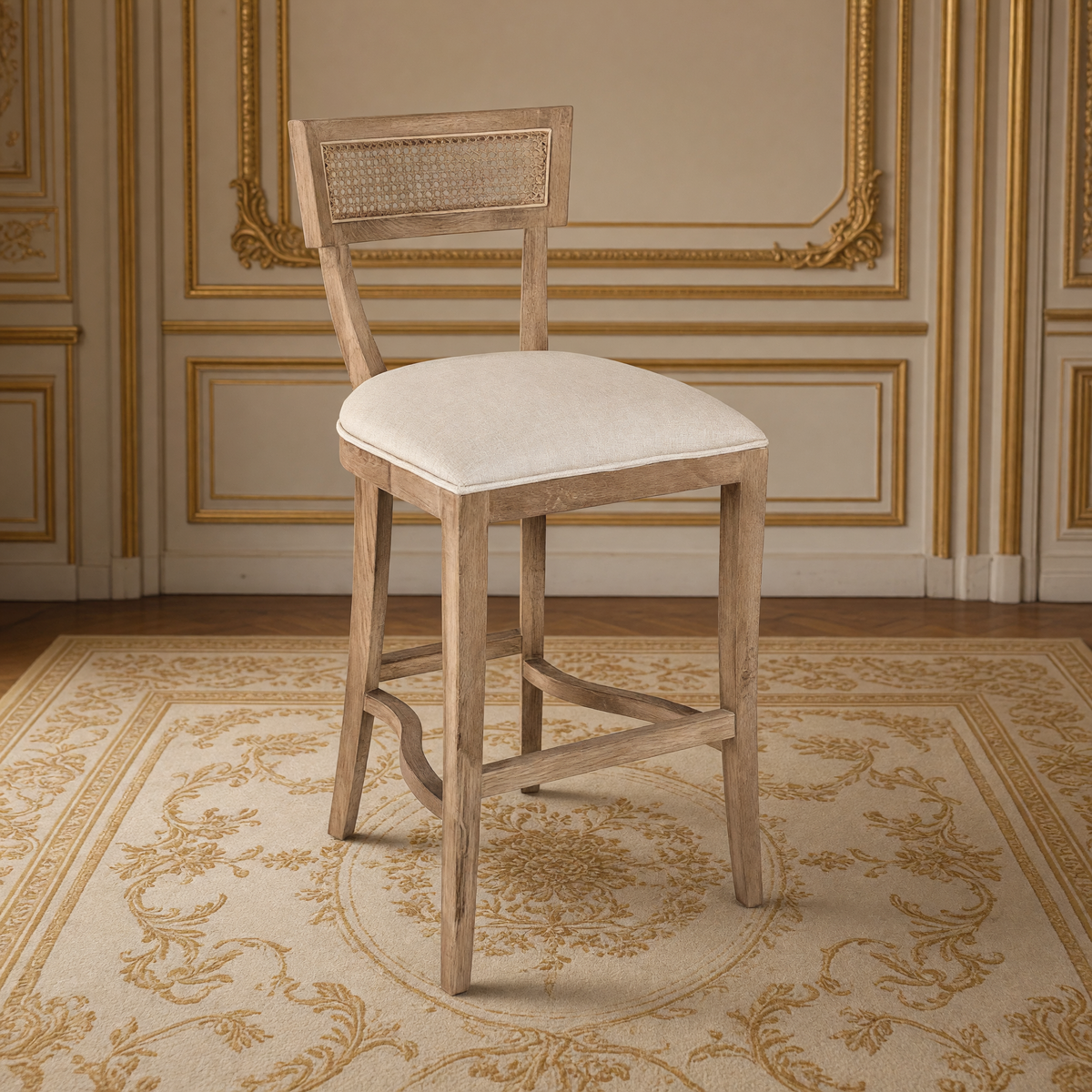 Carvell Cane Back Oak Bar Stool in Natural Linen, Solid Oak, three-quarter view in a French salon on an antique Aubusson carpet
