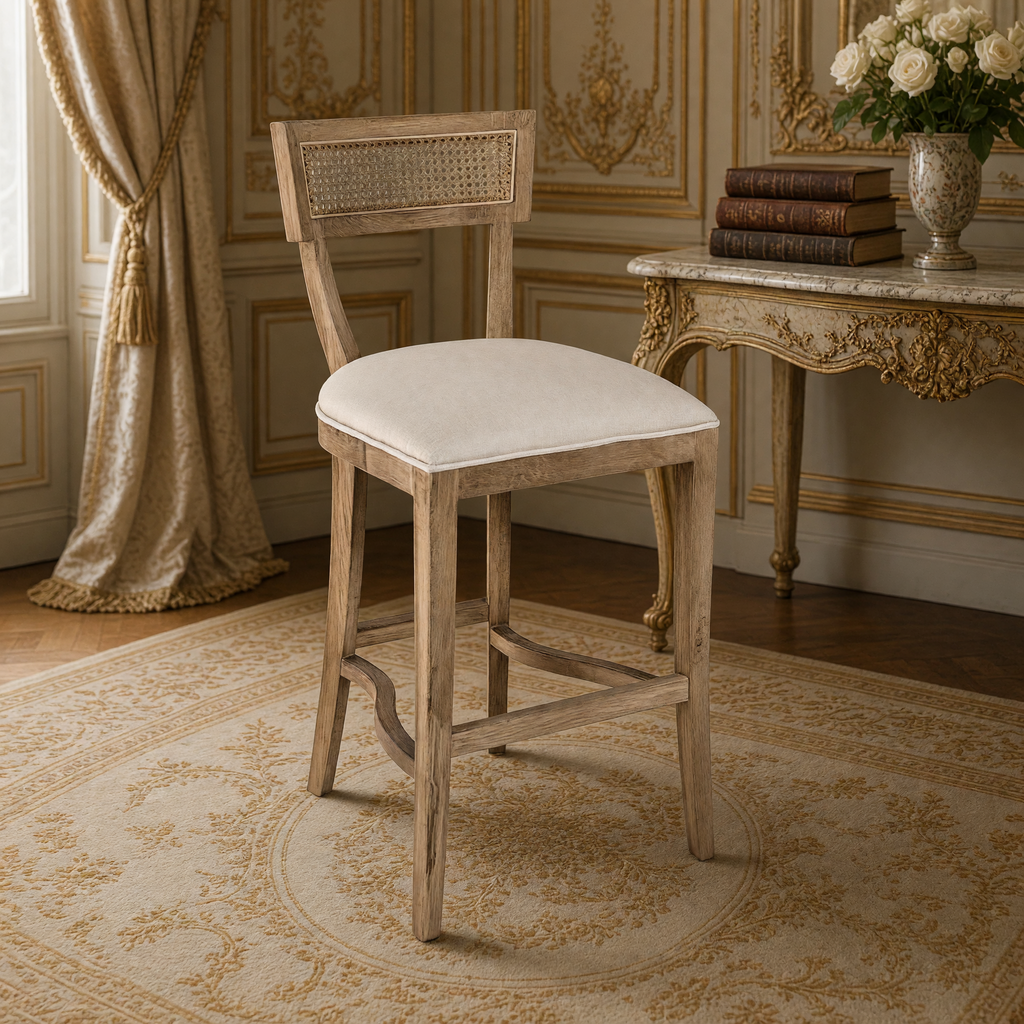 Closer view of the woven cane back and linen seat of the Carvell Cane Back Oak Bar Stool in Natural Linen, Solid Oak