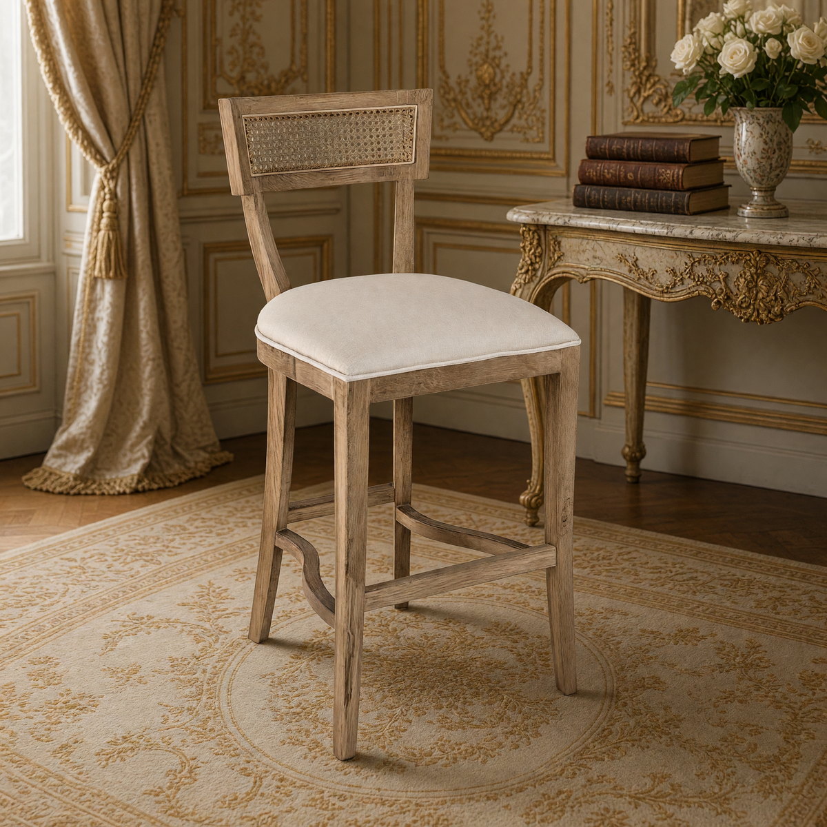Closer view of the woven cane back and linen seat of the Carvell Cane Back Oak Bar Stool in Natural Linen, Solid Oak