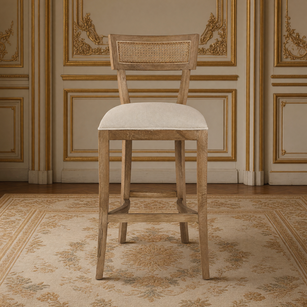 Carvell Cane Back Oak Bar Stool in Natural Linen, Solid Oak, front view in a French salon on an Aubusson carpet