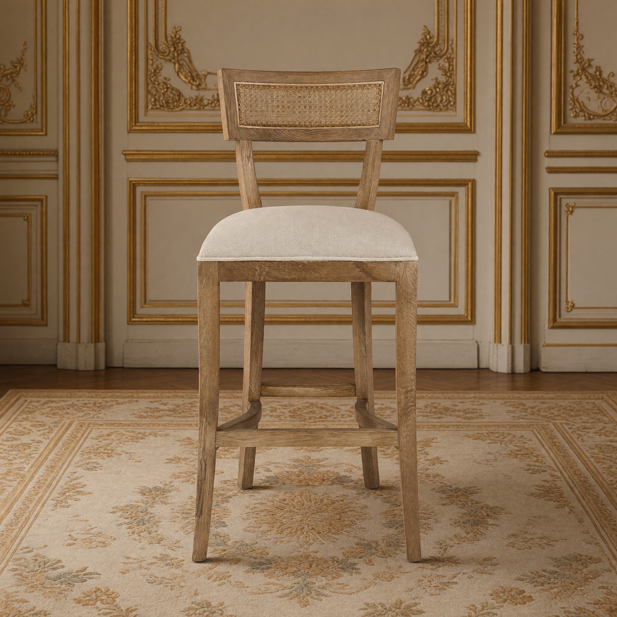 Carvell Cane Back Oak Bar Stool in Natural Linen, Solid Oak, front view in a French salon on an Aubusson carpet