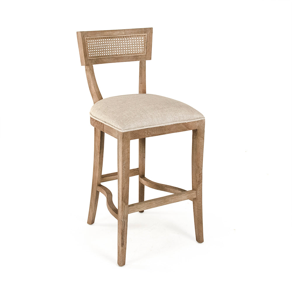 Carvell Cane Back Oak Bar Stool in Natural Linen, Solid Oak, studio photo 1 of 3 on a white background