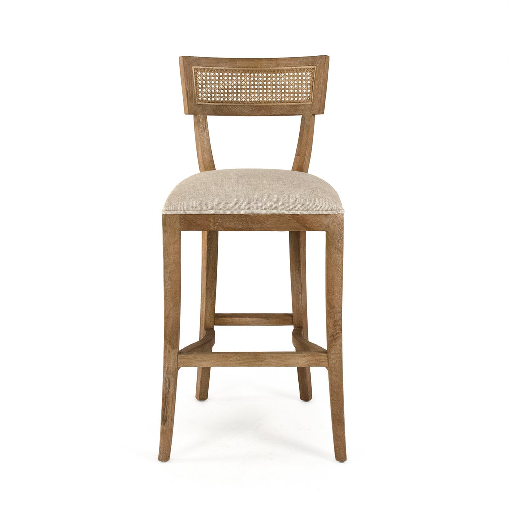 Carvell Cane Back Oak Bar Stool in Natural Linen, Solid Oak, studio photo 2 of 3 on a white background