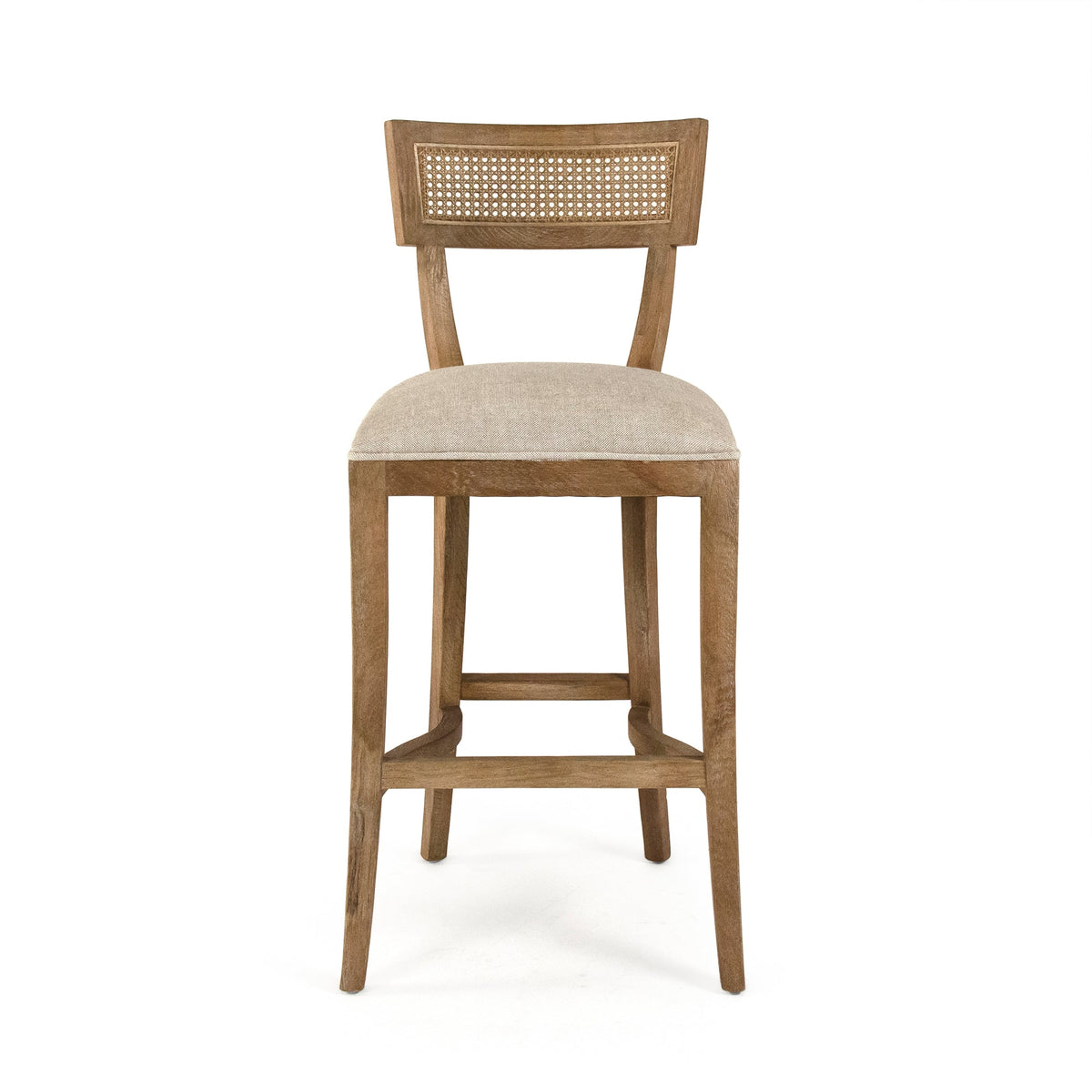 Carvell Cane Back Oak Bar Stool in Natural Linen, Solid Oak, studio photo 2 of 3 on a white background