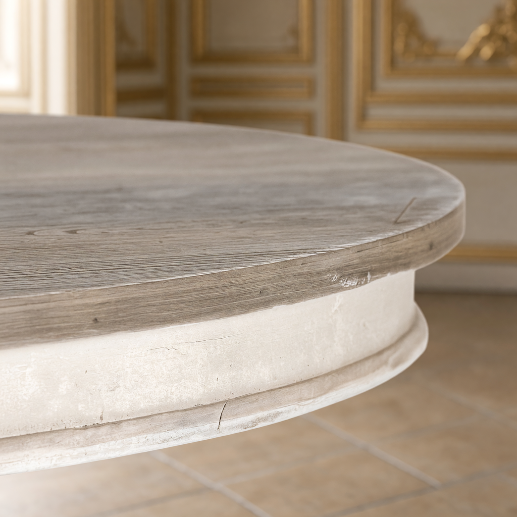 Detail of the Chandler table weathered elm top and cream apron edge
