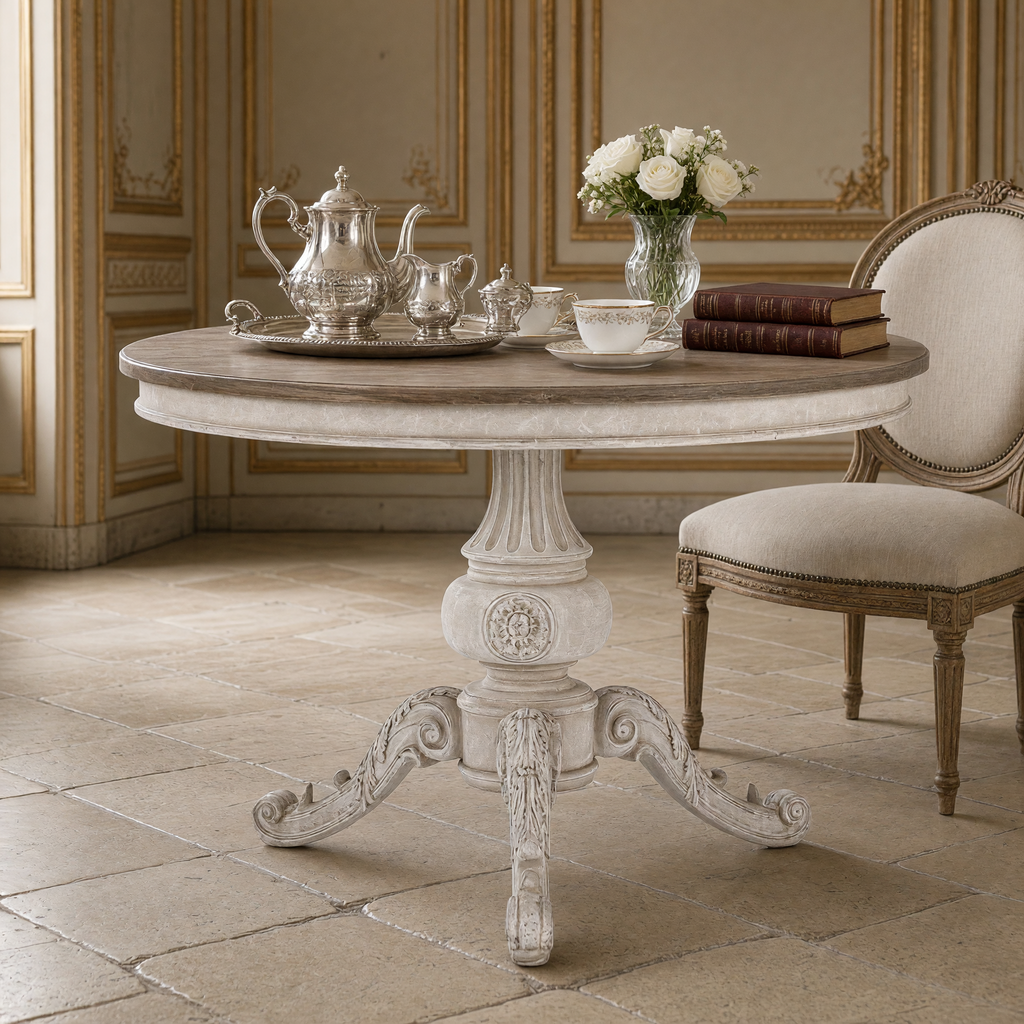 Chandler table set with a silver tea service, books and white roses