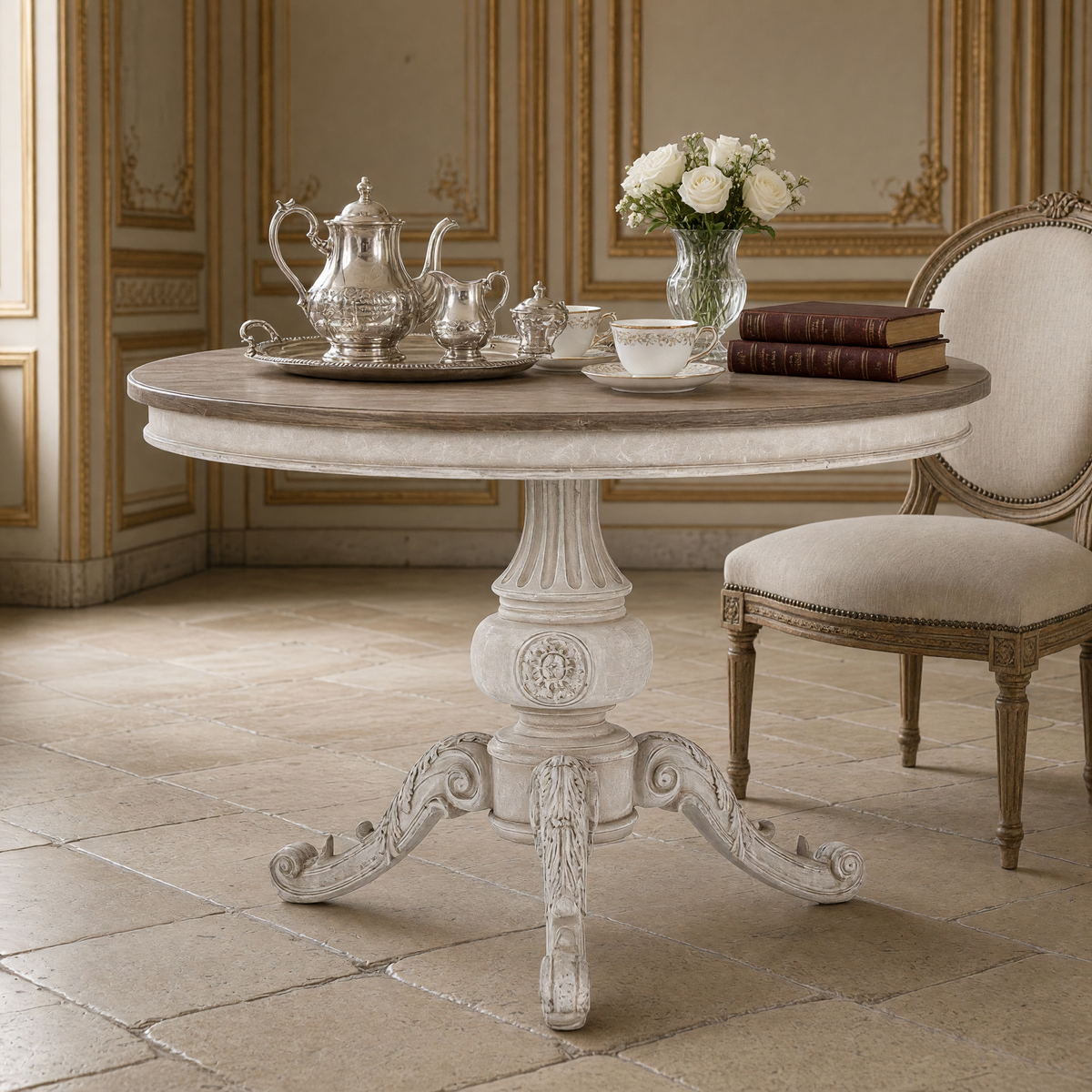 Chandler table set with a silver tea service, books and white roses