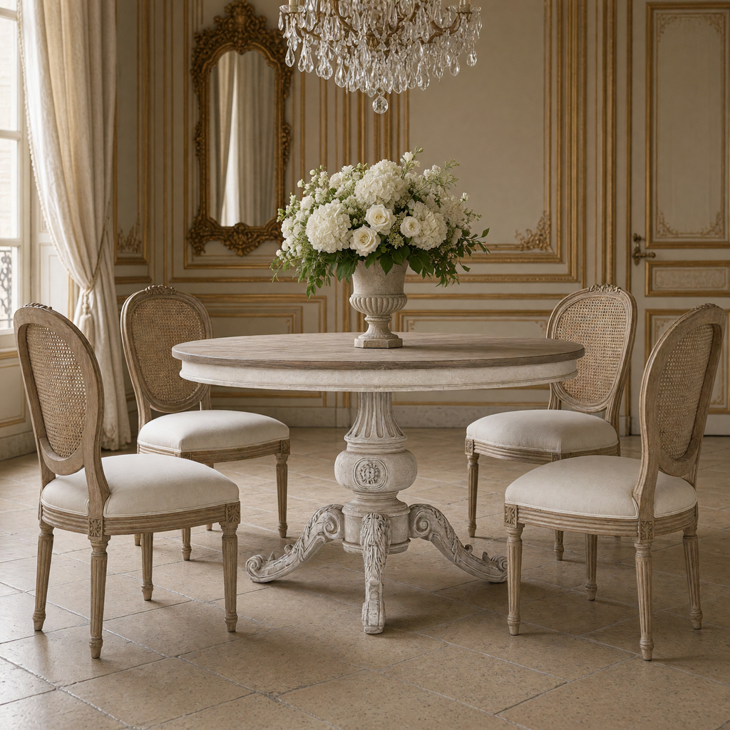 Chandler pedestal table styled with cane-back chairs and white flowers beneath a crystal chandelier