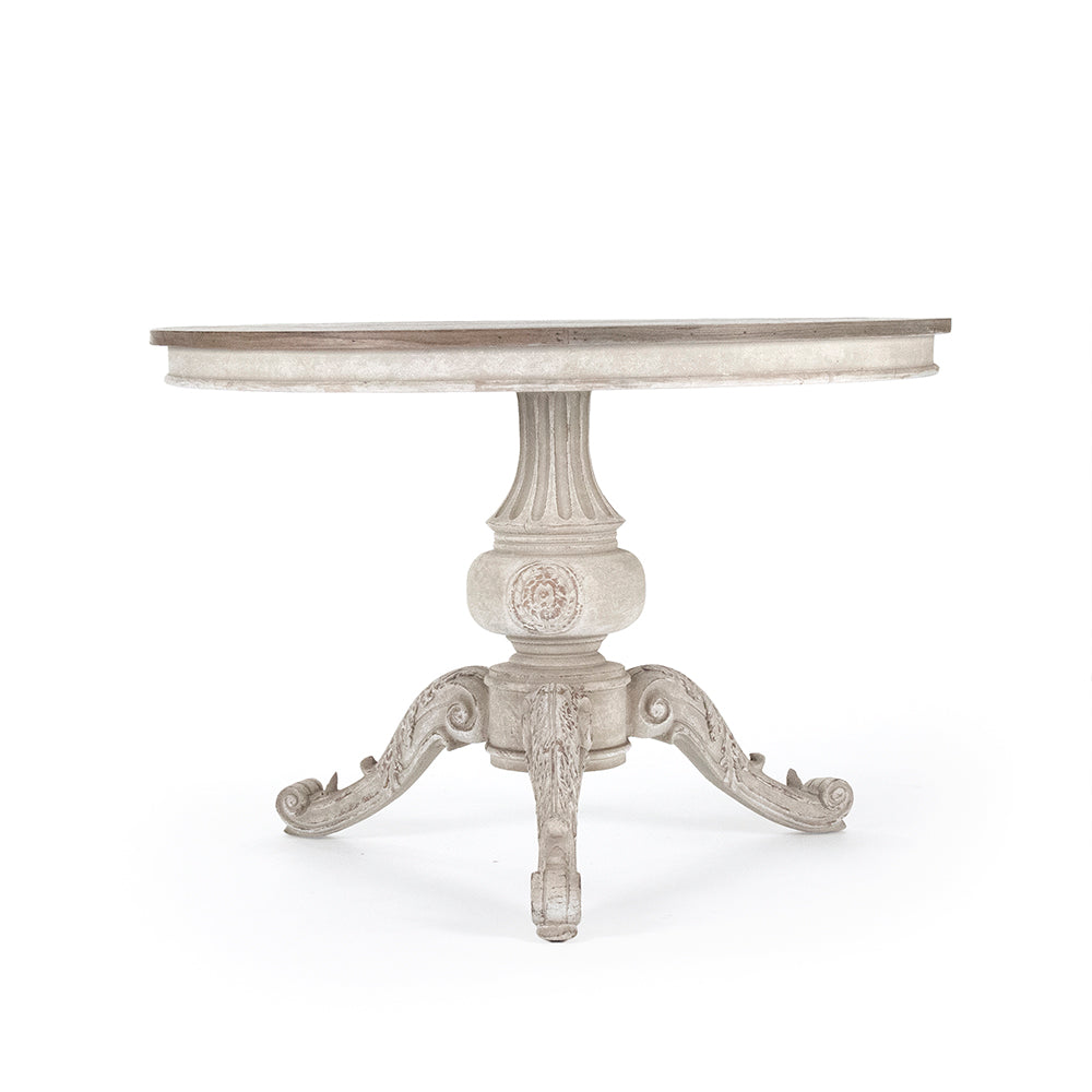 Chandler French Elm Round Pedestal Dining Table, studio photo 1 of 3 on a white background