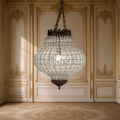 Crown Pendant Iron Glass-Beaded Chandelier in antique bronze, Medium, hung unlit in a gilded Louis XVI salon