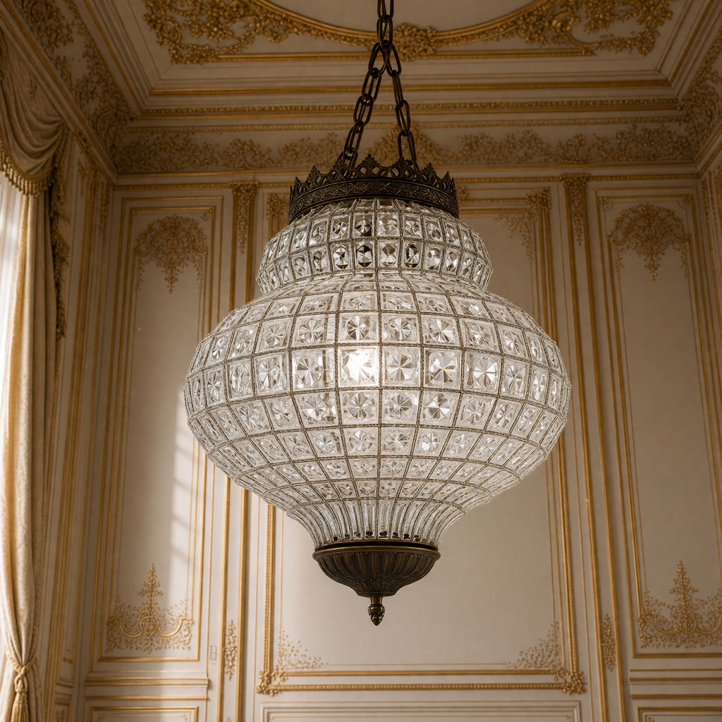 Close view of the glass beads and pierced bronze crown of the Crown Pendant Iron Glass-Beaded Chandelier