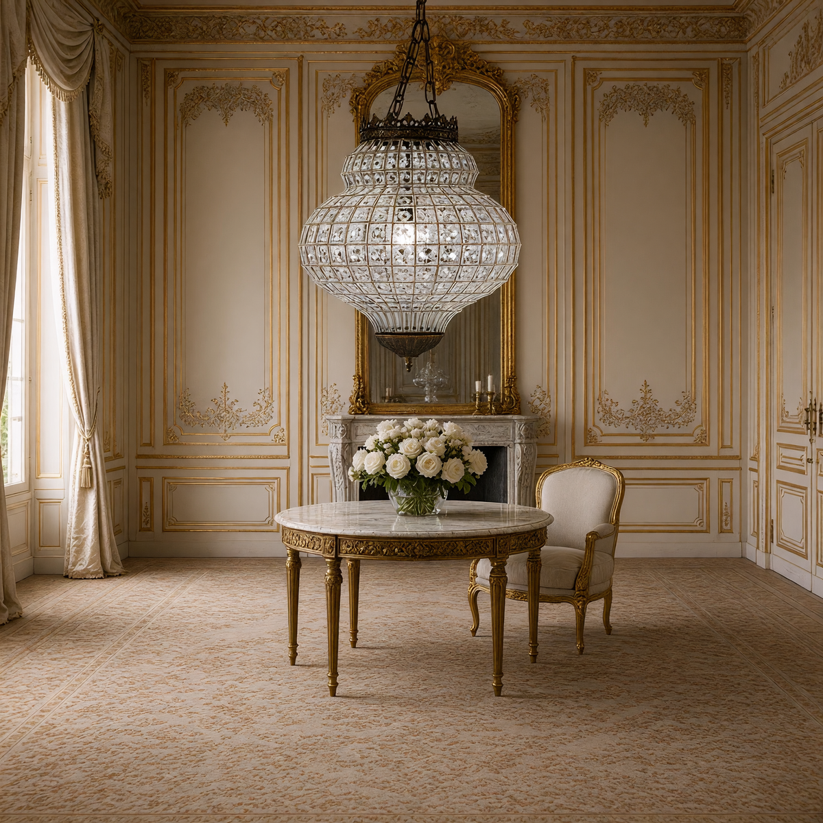 Crown Pendant Iron Glass-Beaded Chandelier, Medium, hung over a marble table in a French salon with a gilded mirror