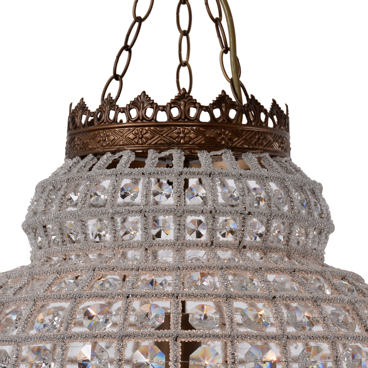 Crown Pendant Iron Glass-Beaded Chandelier, Medium, studio photo 2 of 3 on a white background, close view of the bronze crown and beads