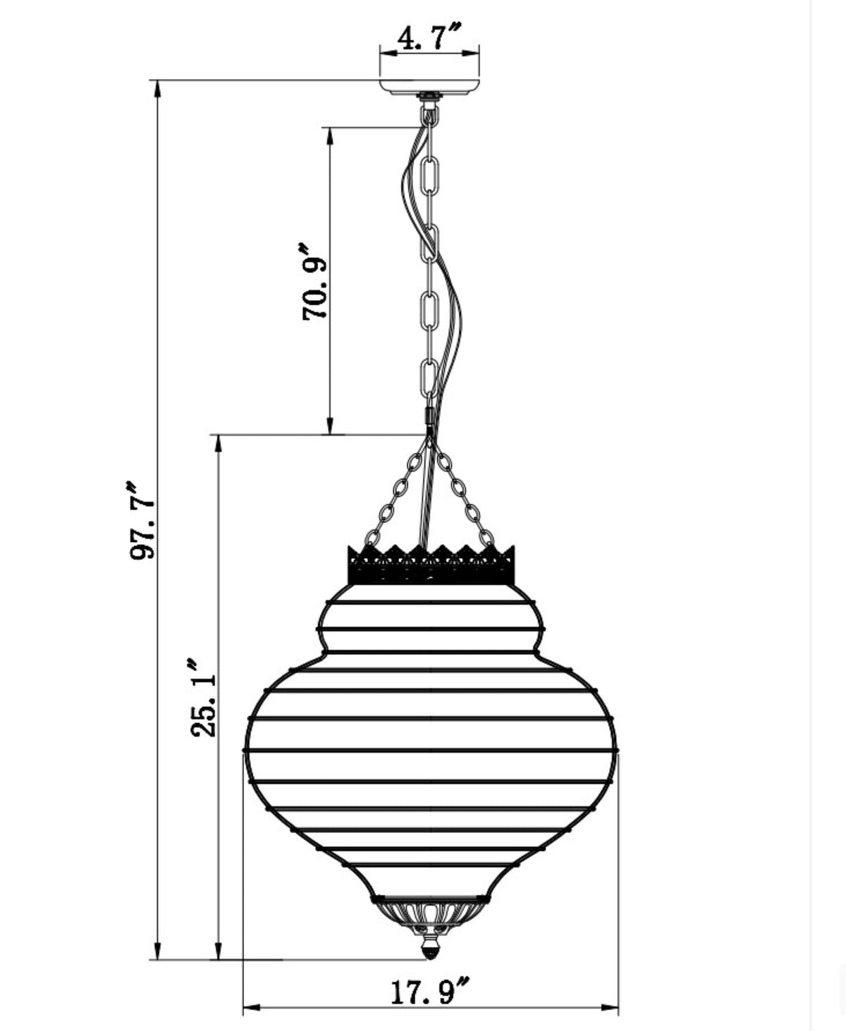Crown Pendant Iron Glass-Beaded Chandelier, Medium, studio photo 3 of 3 on a white background, dimension drawing