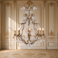 Crystal Pendant Candle-Style Iron Chandelier with glass drops, Large 8-light, hung unlit in a gilded Louis XVI salon