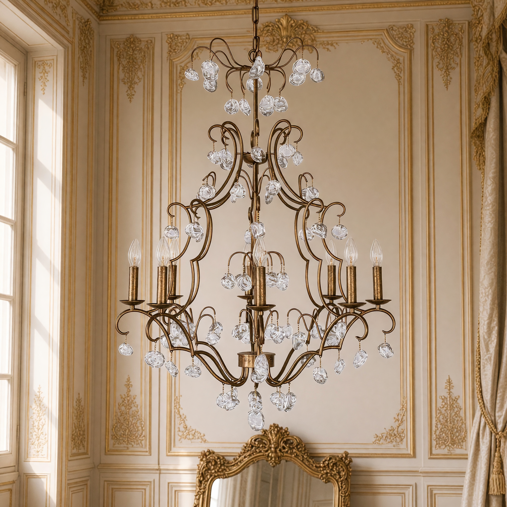 Close view of the scrolled gold arms and faceted glass drops of the Crystal Pendant Candle-Style Iron Chandelier, Large