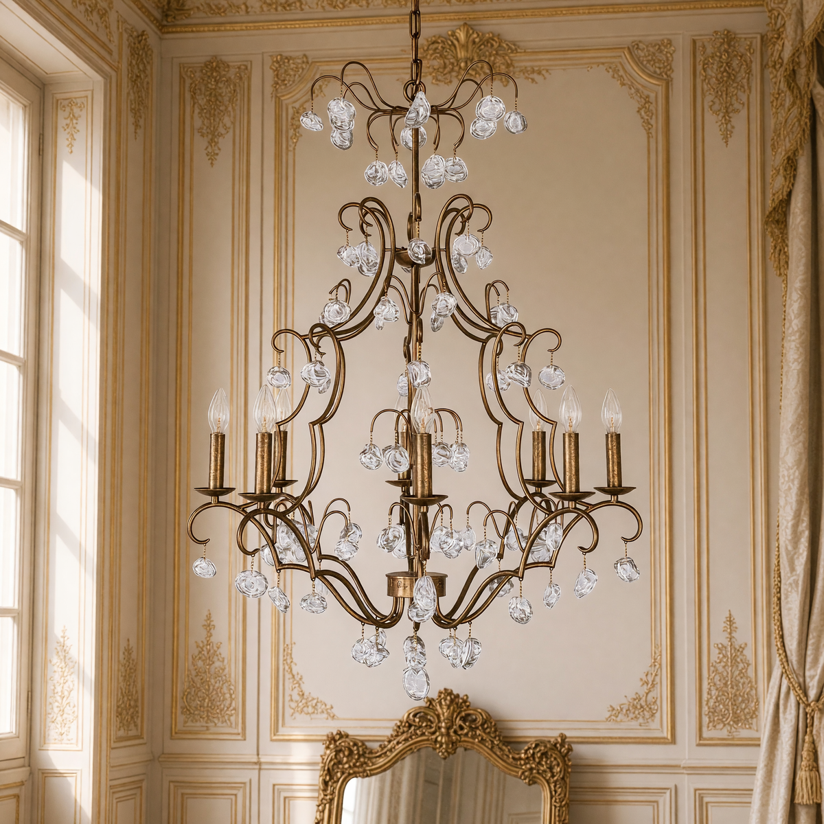 Close view of the scrolled gold arms and faceted glass drops of the Crystal Pendant Candle-Style Iron Chandelier, Large