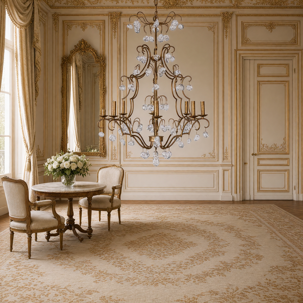 Crystal Pendant Candle-Style Iron Chandelier, Large, hung over a marble table in a French salon with bergere chairs