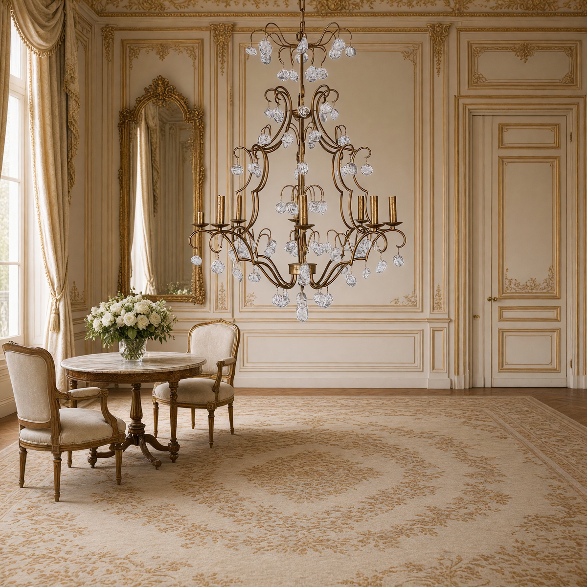 Crystal Pendant Candle-Style Iron Chandelier, Large, hung over a marble table in a French salon with bergere chairs