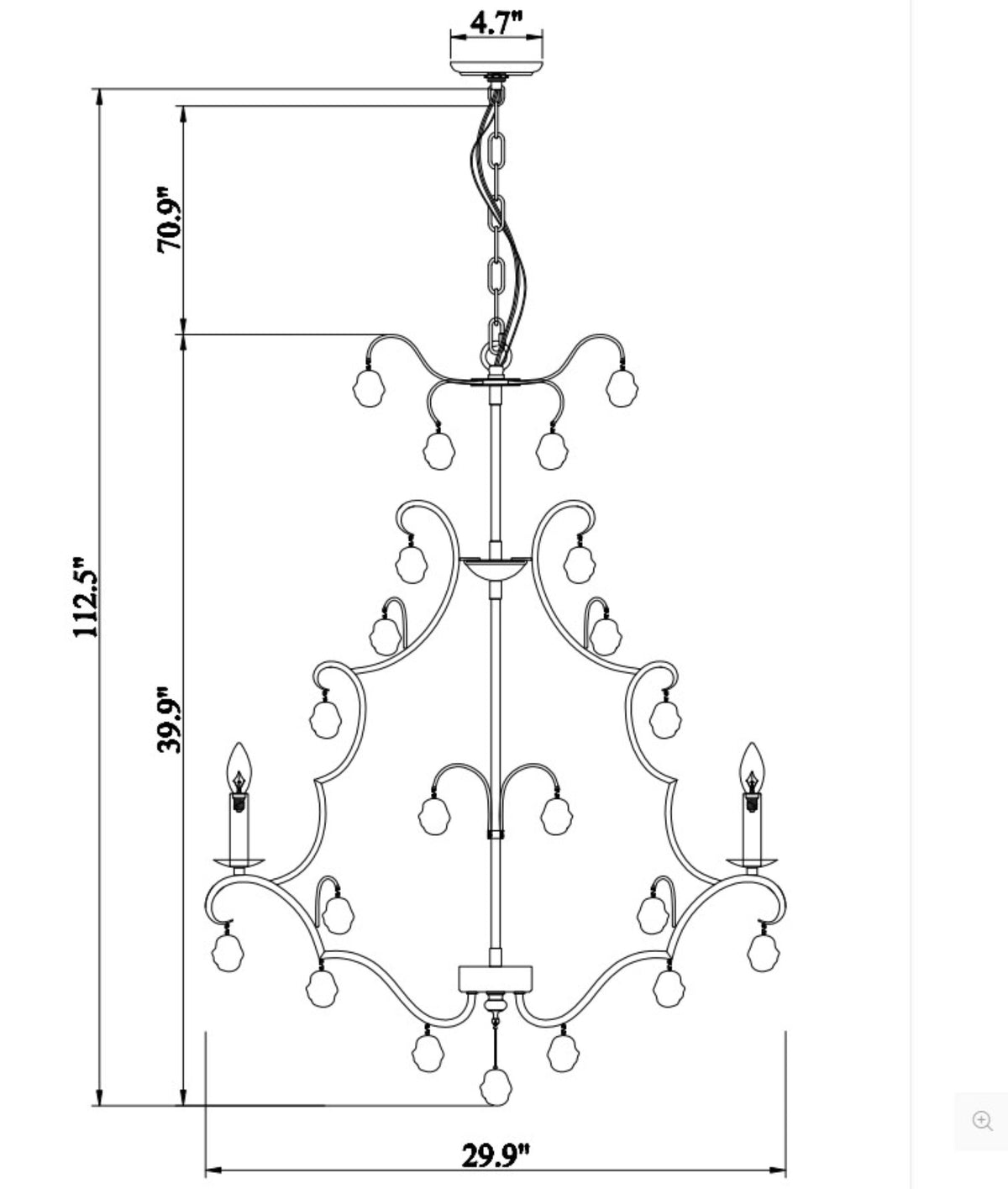 Crystal Pendant Candle-Style Iron Chandelier, Large, studio photo 3 of 3 on a white background, dimension drawing