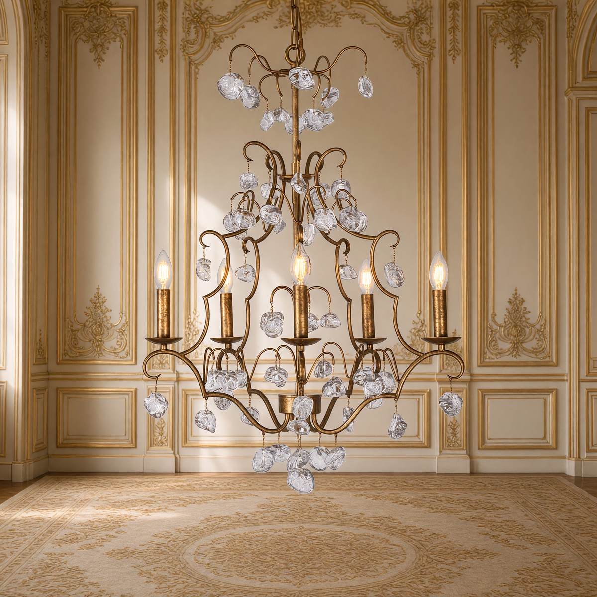 Crystal Pendant Candle-Style Iron Chandelier with glass drops, Medium 5-light, hung unlit in a gilded Louis XVI salon