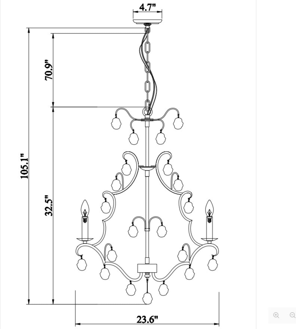 Crystal Pendant Candle-Style Iron Chandelier, Medium, studio photo 3 of 3 on a white background, dimension drawing