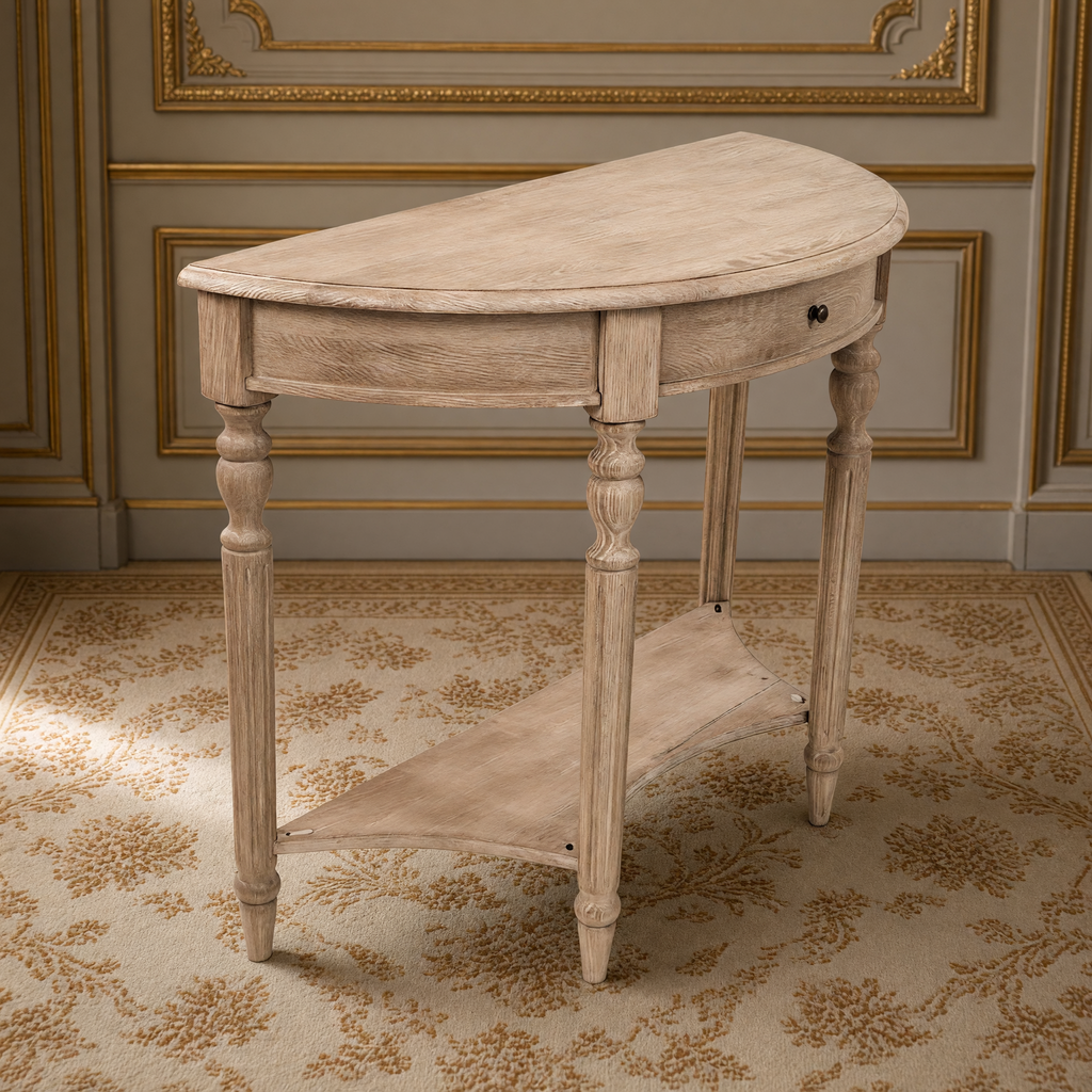 Demi Lune Louis XVI Oak Wall Console in Limed Grey Oak against a gilded Louis XVI boiserie wall