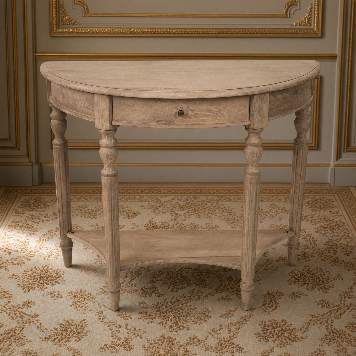 Front view of the Demi Lune Louis XVI Oak Wall Console in Limed Grey Oak with its drawer and lower shelf