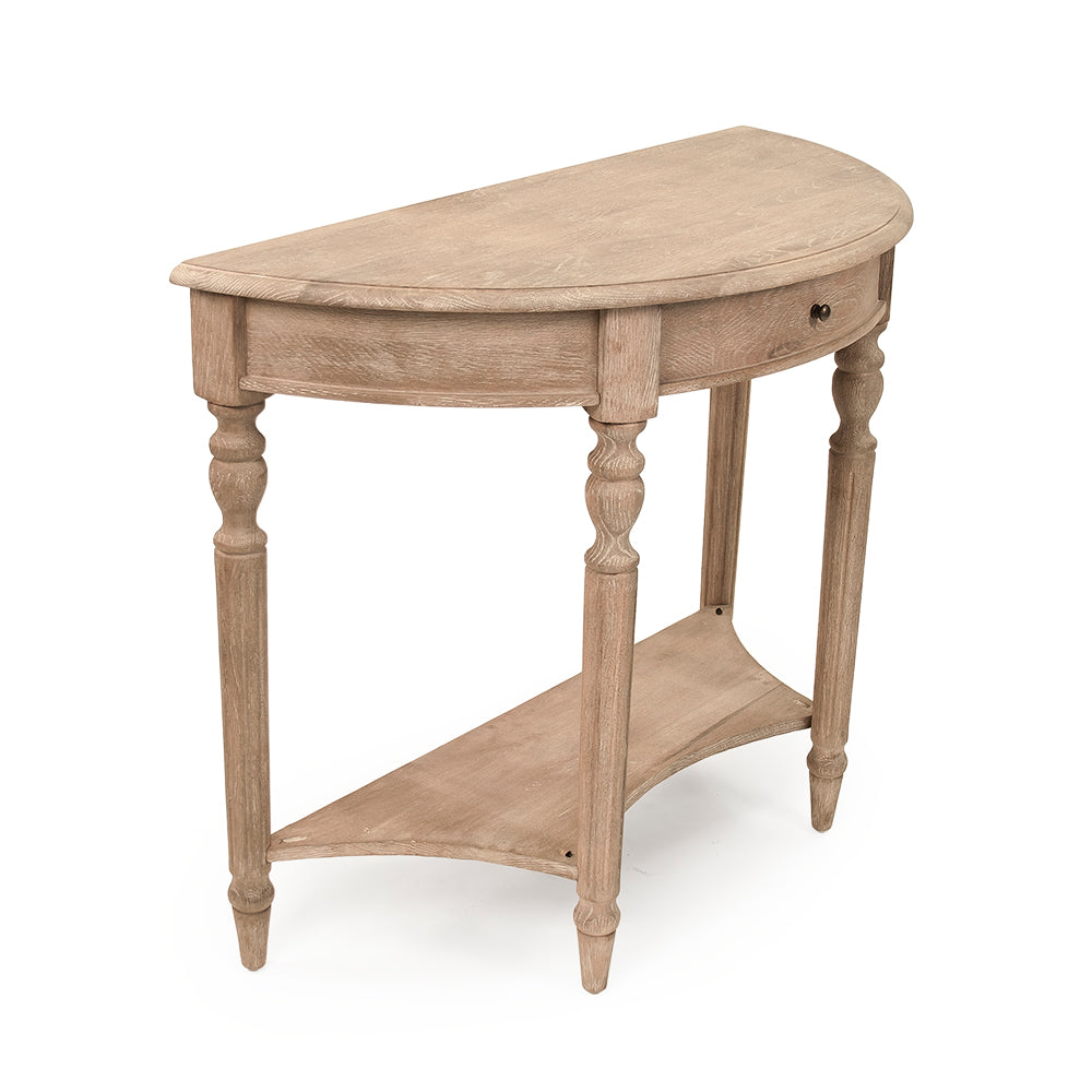 Demi Lune Louis XVI Oak Wall Console in Limed Grey Oak, studio photo 1 of 3 on a white background