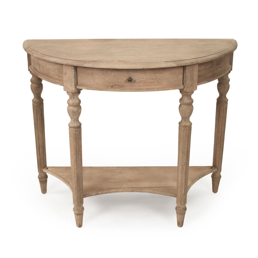 Demi Lune Louis XVI Oak Wall Console in Limed Grey Oak, studio photo 2 of 3 on a white background, front view