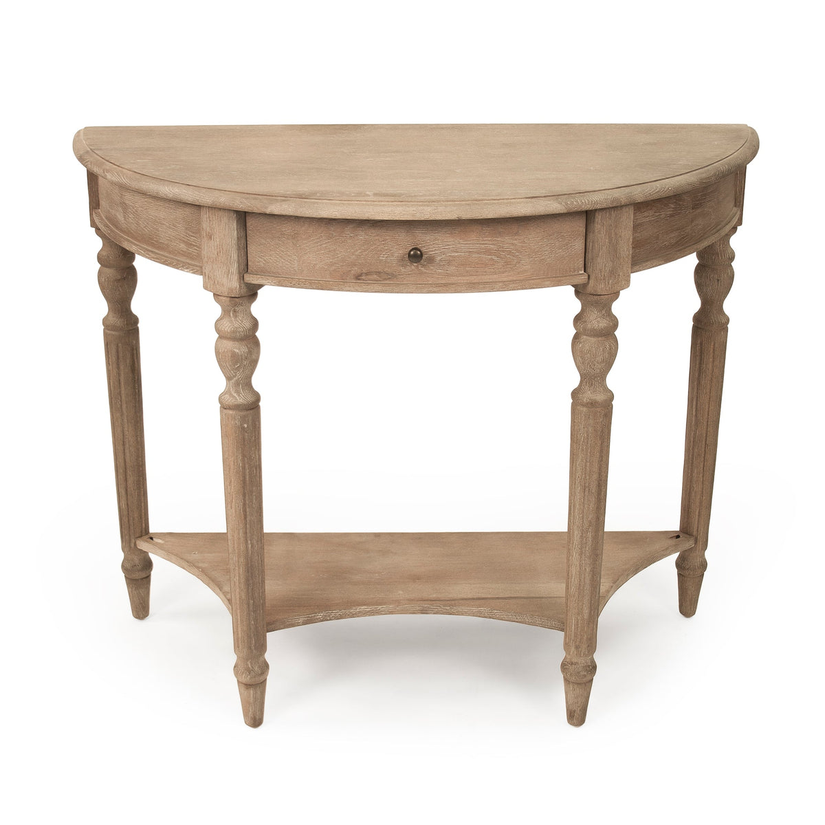 Demi Lune Louis XVI Oak Wall Console in Limed Grey Oak, studio photo 2 of 3 on a white background, front view