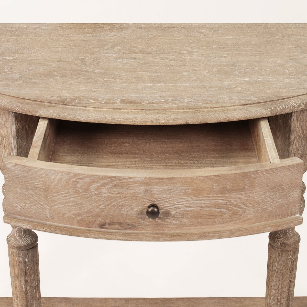 Demi Lune Louis XVI Oak Wall Console in Limed Grey Oak, studio photo 3 of 3 on a white background, close view of the open drawer