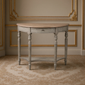 Demi Lune Louis XVI Oak Wall Console in Natural Oak Top, Weathered Grey Base against a gilded Louis XVI boiserie wall