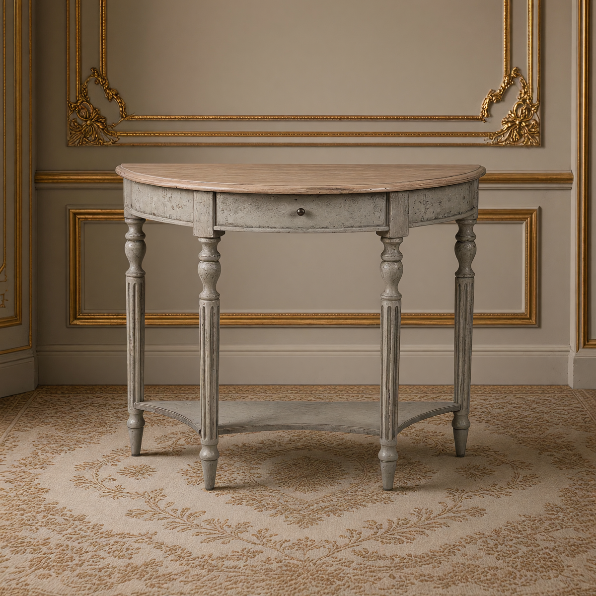 Demi Lune Louis XVI Oak Wall Console in Natural Oak Top, Weathered Grey Base against a gilded Louis XVI boiserie wall