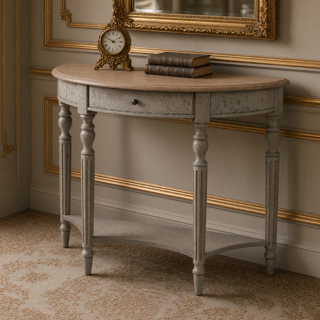 Close view of the oak top, drawer and fluted legs of the Demi Lune Louis XVI Oak Wall Console in Natural Oak Top, Weathered Grey Base