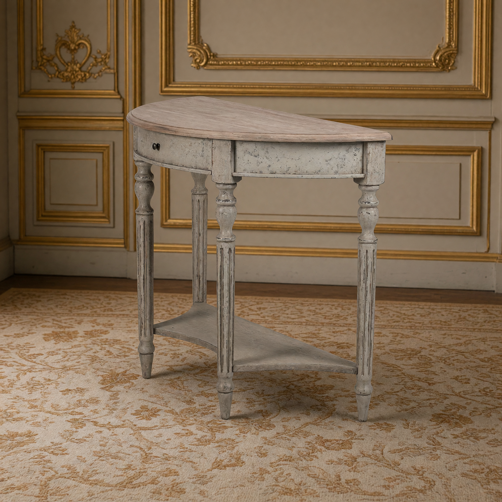 Side view of the Demi Lune Louis XVI Oak Wall Console in Natural Oak Top, Weathered Grey Base showing the half-round top and lower shelf