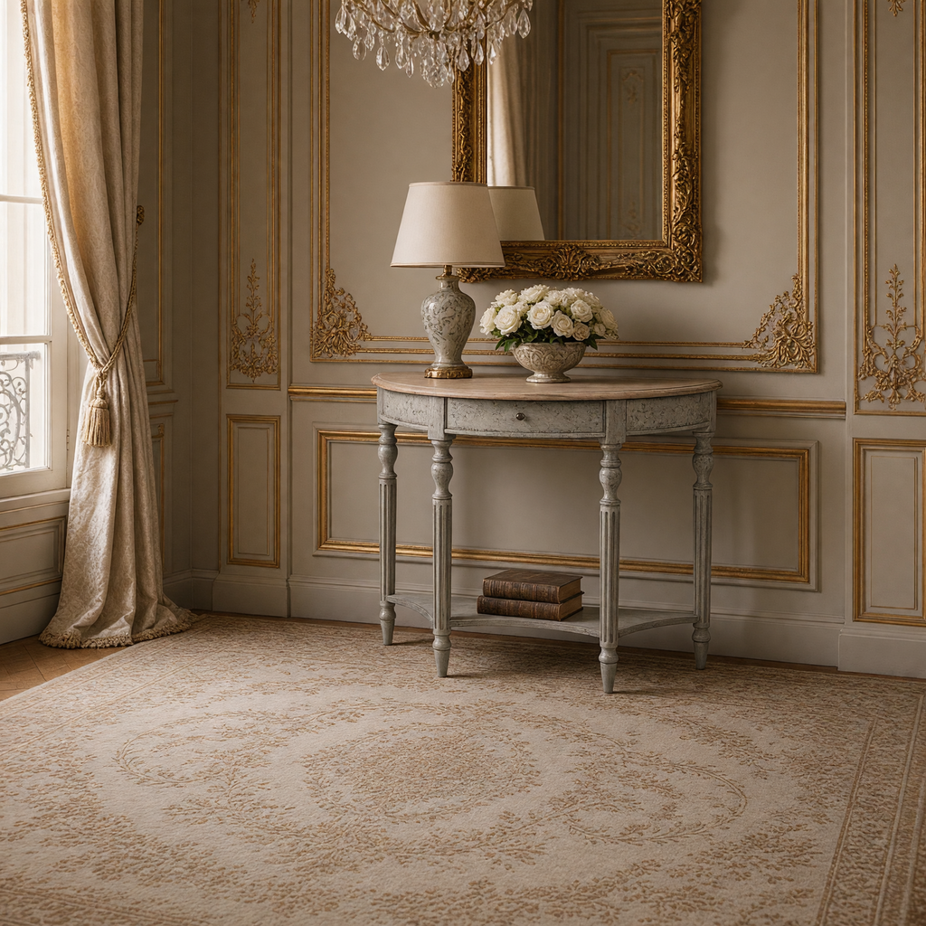 Demi Lune Louis XVI Oak Wall Console in Natural Oak Top, Weathered Grey Base styled beneath a gilded mirror with a lamp and white roses