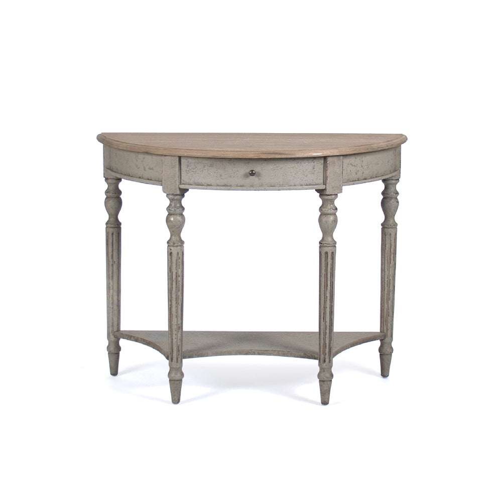 Demi Lune Louis XVI Oak Wall Console in Natural Oak Top, Weathered Grey Base, studio photo 1 of 5 on a white background