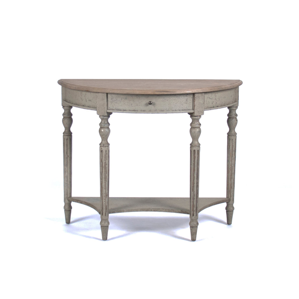 Demi Lune Louis XVI Oak Wall Console in Natural Oak Top, Weathered Grey Base, studio photo 2 of 5 on a white background, front view