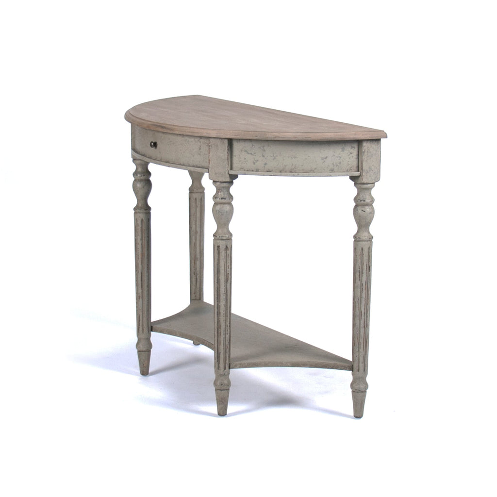 Demi Lune Louis XVI Oak Wall Console in Natural Oak Top, Weathered Grey Base, studio photo 3 of 5 on a white background, side view