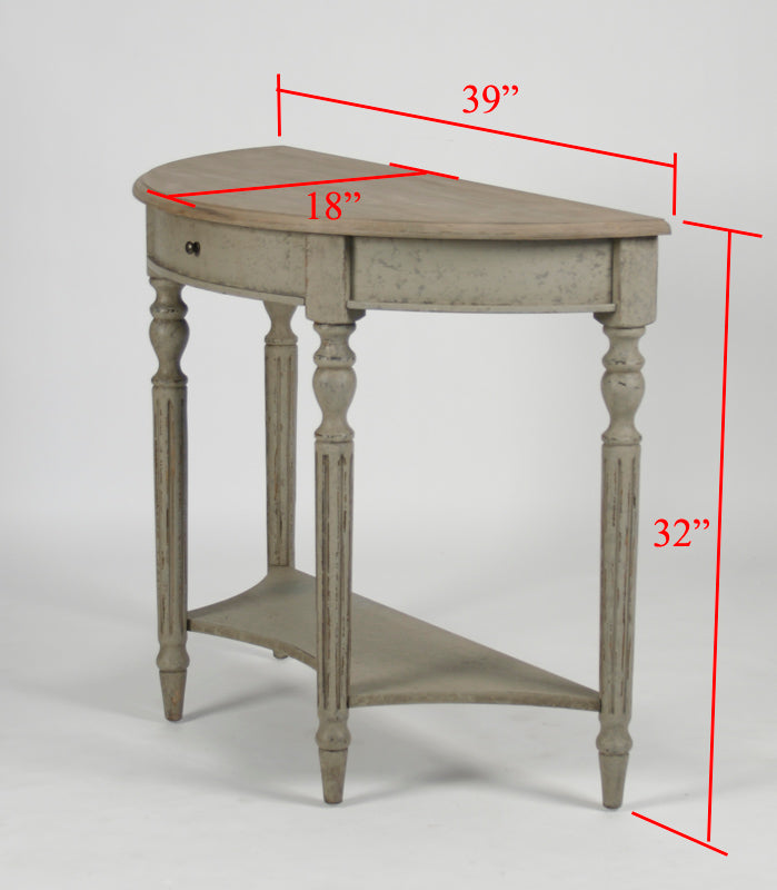Demi Lune Louis XVI Oak Wall Console in Natural Oak Top, Weathered Grey Base, studio photo 4 of 5, dimension drawing 39 by 18 by 32 inches