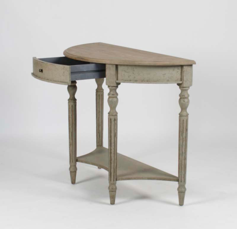 Demi Lune Louis XVI Oak Wall Console in Natural Oak Top, Weathered Grey Base, studio photo 5 of 5 with the drawer open