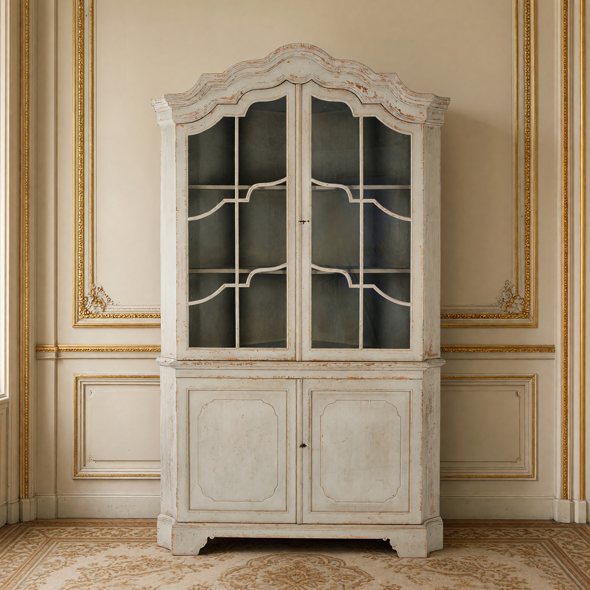 Dennis Painted Pine Corner Cabinet in Distressed Grey standing in the corner of an ivory and gold French boiserie salon on an antique Aubusson carpet