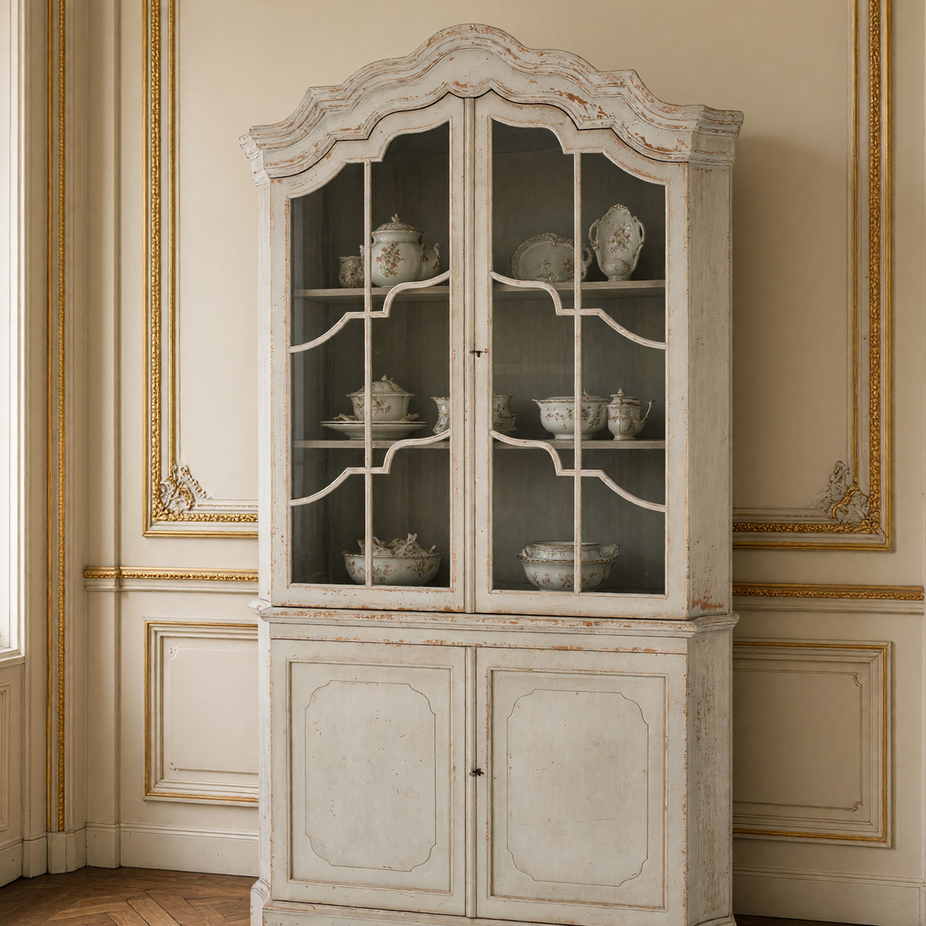 Close view of the glazed doors and arched bonnet of the Dennis Painted Pine Corner Cabinet in Distressed Grey