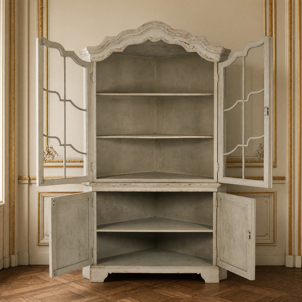 Dennis Painted Pine Corner Cabinet in Distressed Grey with all four doors open showing the shelves