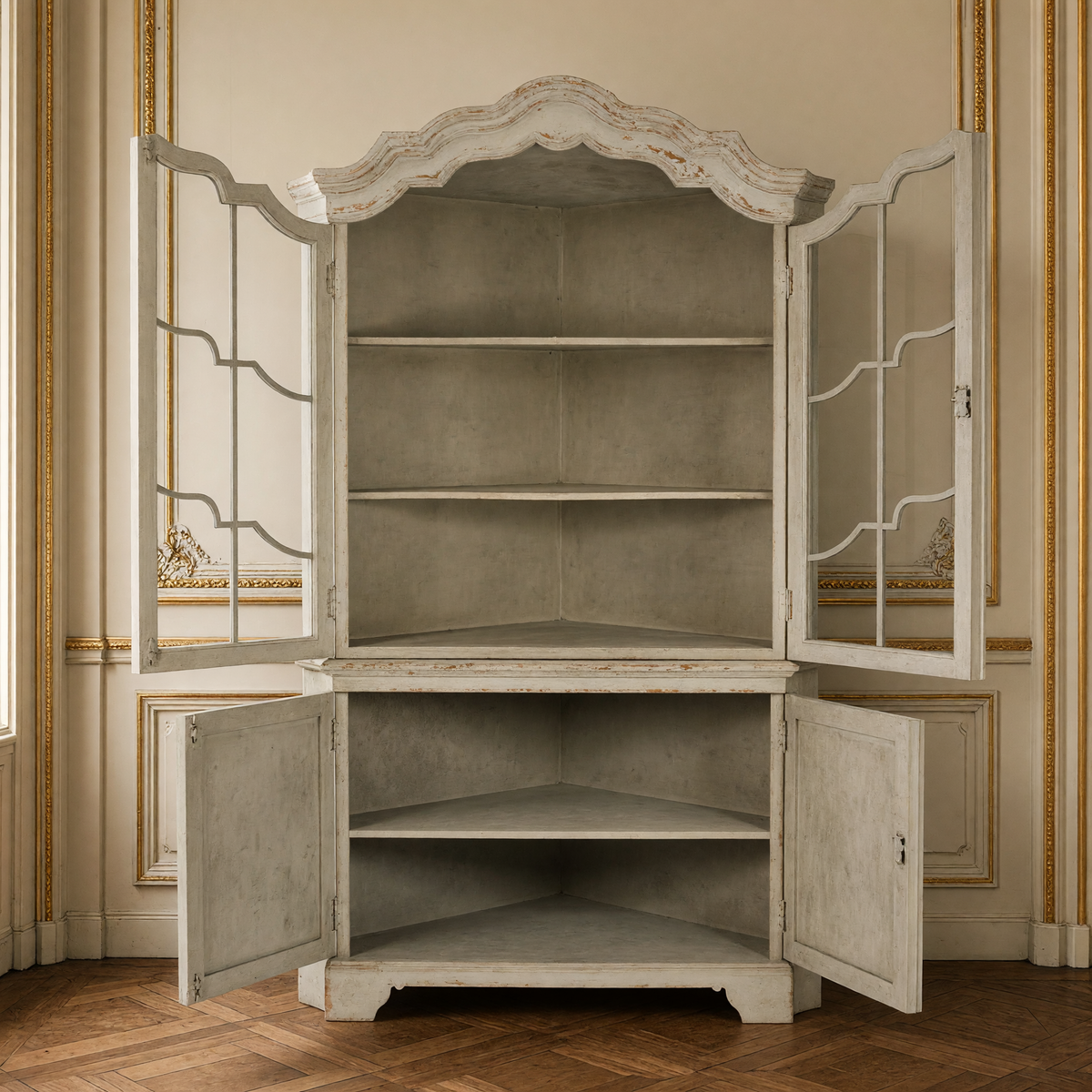 Dennis Painted Pine Corner Cabinet in Distressed Grey with all four doors open showing the shelves