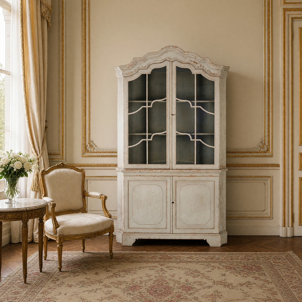 Dennis Painted Pine Corner Cabinet in Distressed Grey styled with a gilded bergere, a marble gueridon with white roses and an Aubusson carpet